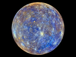 Mercury seen close-up from MESSENGER, with colors enhanced to emphasize the chemical, mineralogical, and physical differences among its surface rocks. Credit: NASA
